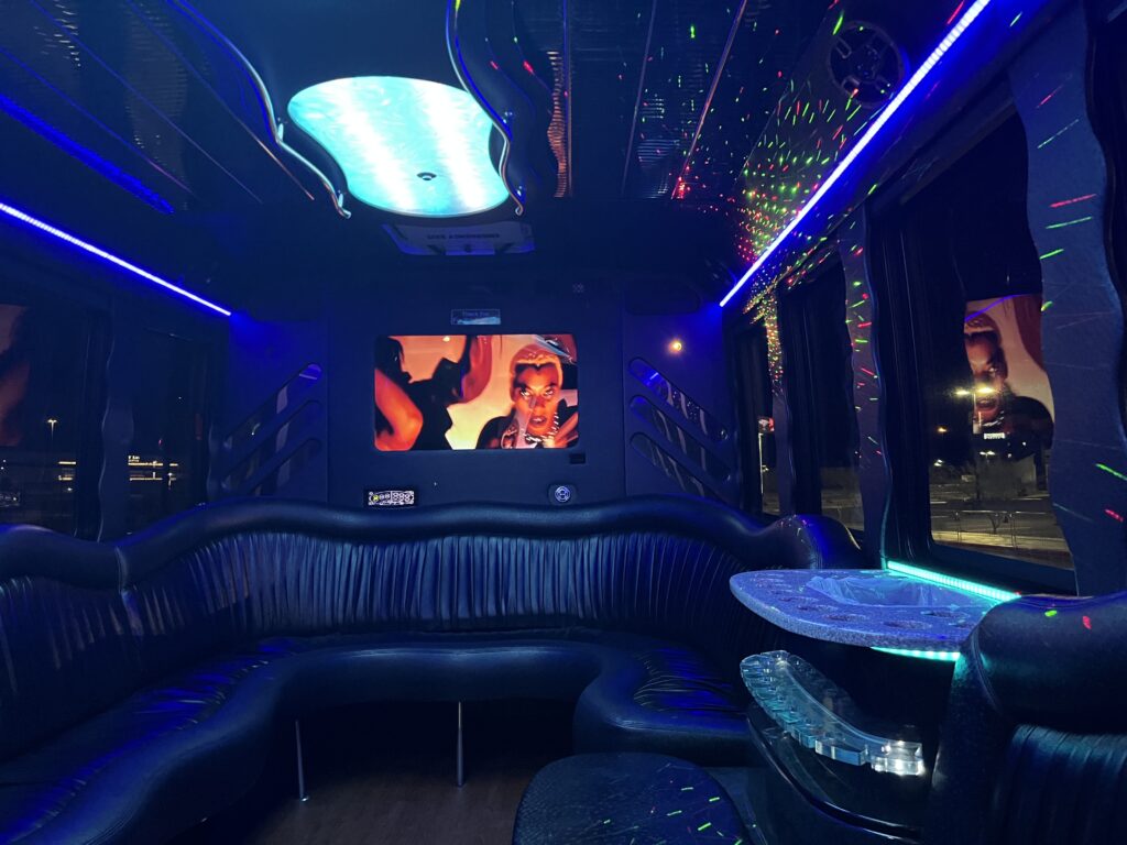 A group celebrating a special occasion on the party bus